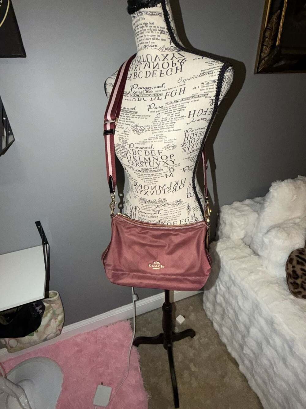 Coach Nylon Crossbody Bag in Burgundy with Striped Webbing Strap